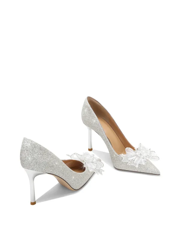 Scintillantes Argenté Faux Diamant Noeud Paillettes Chaussure De Mariée 2025 8 cm Talons Aiguilles À Bout Pointu Mariage Escarpins Talons Hauts