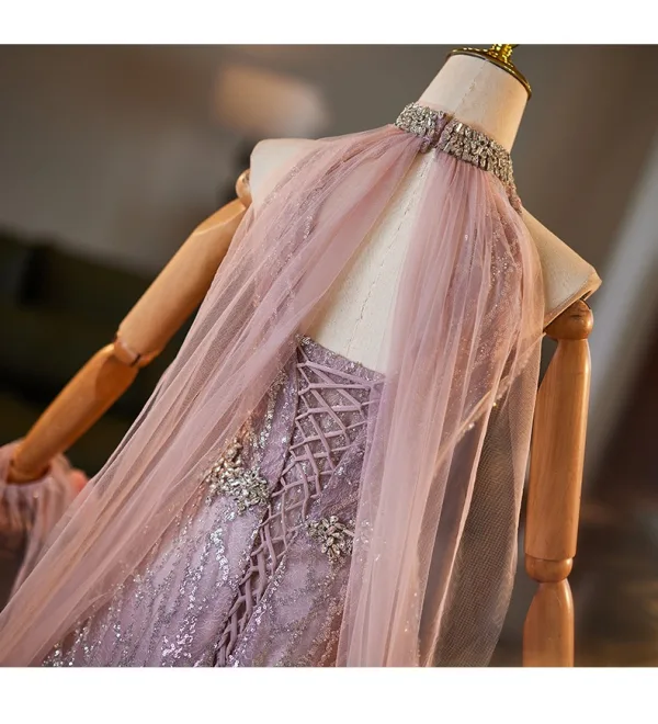 Fashion Blushing Pink Glitter Rhinestone Sequins Prom Dresses 2025 A-Line / Princess High Neck Sleeveless Backless Floor-Length / Long Tulle Prom Formal Dresses