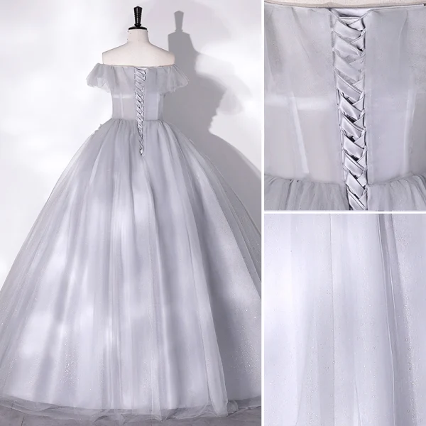 Chic / Beautiful Grey Beading Appliques Prom Dresses 2022 Ball Gown Off-The-Shoulder Short Sleeve Backless Floor-Length / Long Prom Formal Dresses
