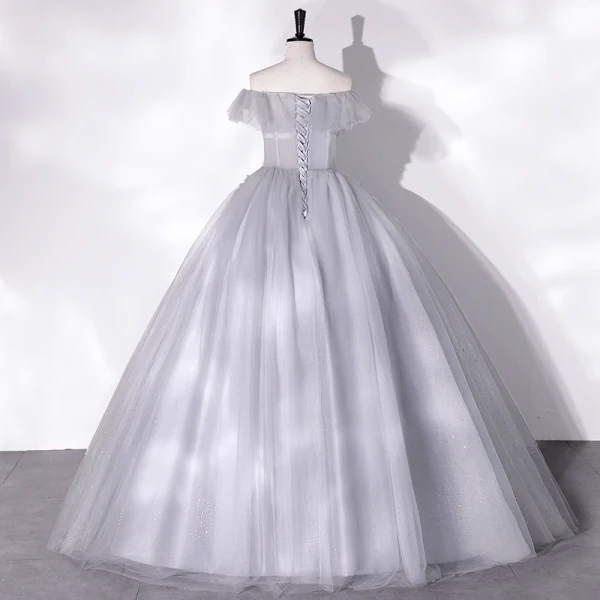 Chic / Beautiful Grey Beading Appliques Prom Dresses 2022 Ball Gown Off-The-Shoulder Short Sleeve Backless Floor-Length / Long Prom Formal Dresses