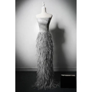 Charming Grey Sequins Feather Dancing Evening Dresses 2024 Trumpet Mermaid Strapless Sleeveless Backless Floor Length Long Evening Party Formal Dresses