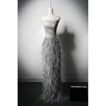 Charming Grey Sequins Feather Dancing Evening Dresses 2024 Trumpet Mermaid Strapless Sleeveless Backless Floor Length Long Evening Party Formal Dresses