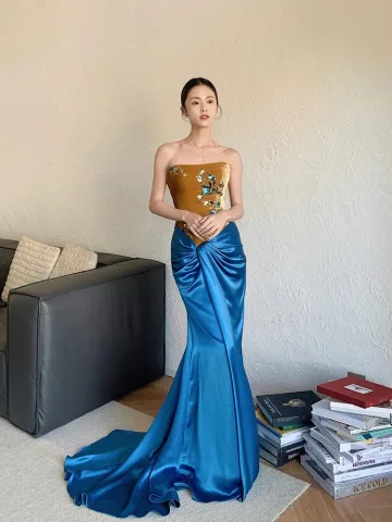 Chinese Style Sexy Royal Blue Sequins Evening Dresses 2024 Trumpet Mermaid Strapless Sleeveless Backless Sweep Train Evening Party Formal Dresses