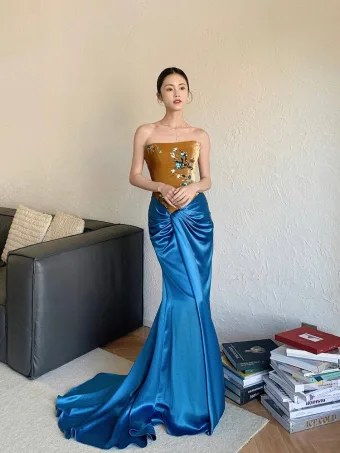 Estilo Chino Sexy Azul Real Lentejuelas Vestidos De Noche 2024 Trumpet Mermaid Sin Tirantes Sin Mangas Sin Espalda Colas De Barrido Noche Vestidos Formales