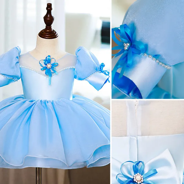 Mode Bleu Ciel Anniversaire Courte Robe Ceremonie Fille 2022 Robe Boule Encolure Dégagée Gonflée Manches Courtes Perle Noeud Robe Ceremonie Fille