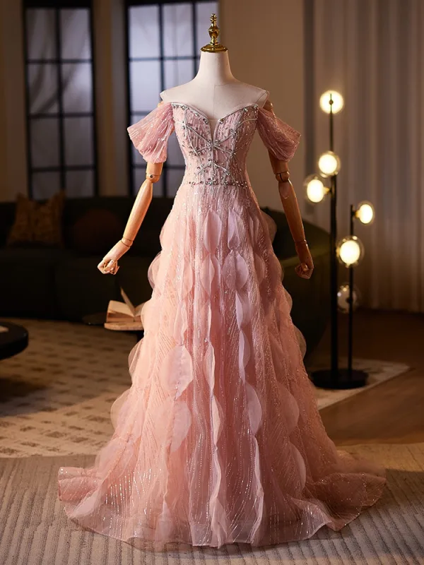 Luxus / Herrlich Rosa Handgefertigt Perlenstickerei Pailletten Strass Ballkleider 2025 A Linie Off Shoulder Kurze Ärmel Sweep / Pinsel Zug Ball Festliche Kleider