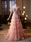 Luxus / Herrlich Rosa Handgefertigt Perlenstickerei Pailletten Strass Ballkleider 2025 A Linie Off Shoulder Kurze Ärmel Sweep / Pinsel Zug Ball Festliche Kleider