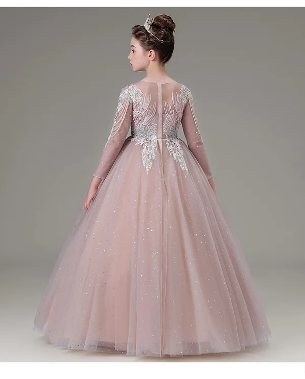 Elegant Blushing Pink Beading Rhinestone Lace Flower Birthday Flower Girl Dresses 2025 Ball Gown Scoop Neck Long Sleeve Floor-Length / Long