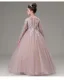 Elegant Blushing Pink Beading Rhinestone Lace Flower Birthday Flower Girl Dresses 2025 Ball Gown Scoop Neck Long Sleeve Floor-Length / Long