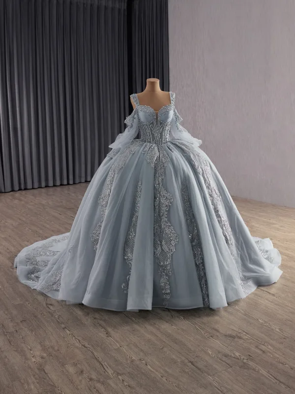 High-end Grey Beading Pearl Sequins Quinceañera Prom Dresses 2025 Ball Gown Square Neckline Short Sleeve Backless Court Train Formal Dresses