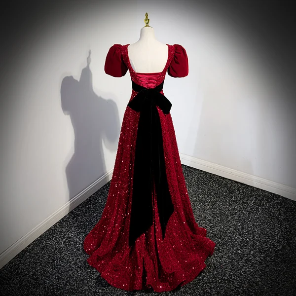 Bling Bling Burgundy Sequins Evening Dresses 2023 A-Line / Princess V-Neck Bow Short Sleeve Backless Floor-Length / Long Evening Party Formal Dresses