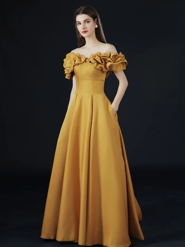Vintage / Retro Yellow Prom Dresses 2021 A-Line / Princess Off-The-Shoulder Ruffle Short Sleeve Solid Color Satin Engagement Formal Dresses Sweep Train
