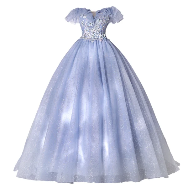 Elegant Sky Blue Pearl Rhinestone Lace Flower Prom Dresses 2022 Ball Gown Off-The-Shoulder Sleeveless Backless Floor-Length / Long Prom Formal Dresses