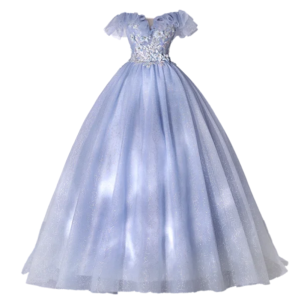 Elegant Sky Blue Pearl Rhinestone Lace Flower Prom Dresses 2022 Ball Gown Off-The-Shoulder Sleeveless Backless Floor-Length / Long Prom Formal Dresses