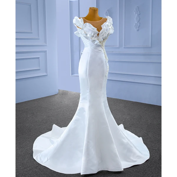 High-end White Beading Pearl Satin Wedding Dresses 2022 Trumpet / Mermaid Ruffle Scoop Neck Sleeveless Floor-Length / Long Wedding