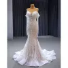 Luxury / Gorgeous Sexy White Handmade  Beading Sequins Pearl Tassel Wedding Dresses 2023 Off-The-Shoulder Trumpet / Mermaid Sleeveless Backless Sweep Train