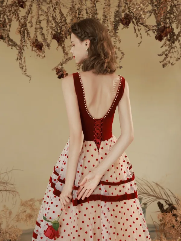 Chic / Beautiful Burgundy Spotted Prom Dresses 2022 A-Line / Princess Square Neckline Sleeveless Bow Pearl Backless Floor-Length / Long Prom Formal Dresses