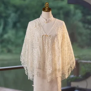 Vintage Witte Kant Bloem Kwast Gala Sjaal 2025