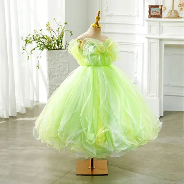 Fashion Green Cascading Ruffles Birthday Flower Girl Dresses 2024 Ball Gown Scoop Neck Sleeveless Backless Floor-Length / Long