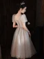 Modern / Fashion Champagne Glitter Graduation Dresses 2022 A-Line / Princess V-Neck Puffy Short Sleeve Backless Sequins Tea-length Formal Dresses