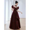Elegant Burgundy Prom Dresses 2022 A-Line / Princess High Neck Puffy Short Sleeve Bow Rhinestone Floor-Length / Long Formal Dresses