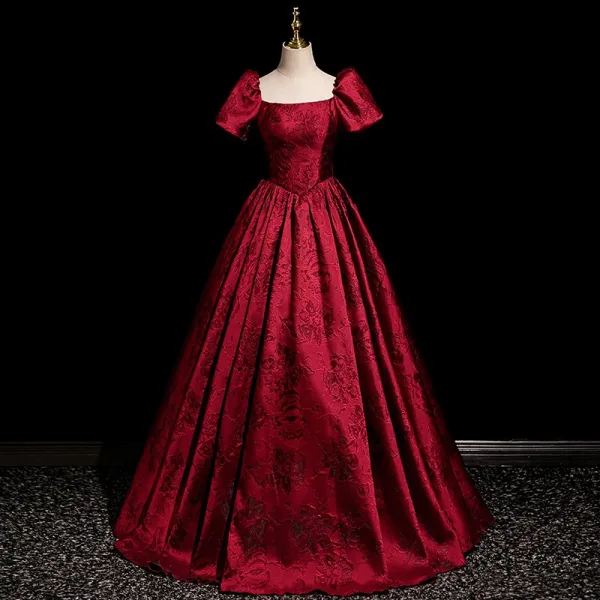 Elegant Burgundy Printing Prom Dresses 2025 Ball Gown Square Neckline Short Sleeve Backless Floor-Length / Long Prom Formal Dresses