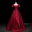 Elegant Burgundy Printing Prom Dresses 2025 Ball Gown Square Neckline Short Sleeve Backless Floor-Length / Long Prom Formal Dresses