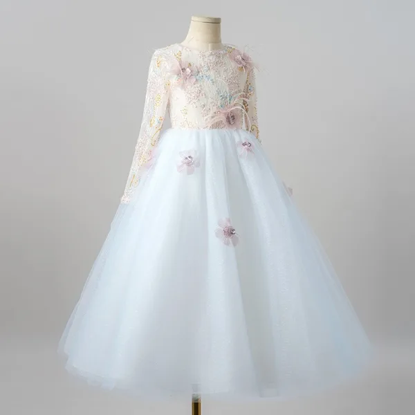 Chic / Beautiful White Appliques Sequins Birthday Flower Girl Dresses 2025 A-Line / Princess Scoop Neck Long Sleeve Floor-Length / Long Flower Girl Dresses