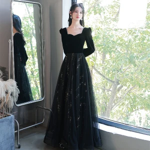 Élégant Noire Paillettes Robe De Bal 2022 Princesse Perle Encolure Carrée Manches Longues Dos Nu Longue Robe De Ceremonie