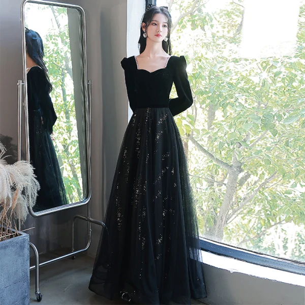 Elegant Black Sequins Prom Dresses 2022 A-Line / Princess Pearl Square  Neckline Long Sleeve Backless Floor-Length / Long Formal Dresses