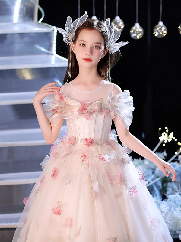 Charming Champagne Appliques Birthday Flower Girl Dresses 2024 Ball Gown Scoop Neck Short Sleeve Floor-Length / Long