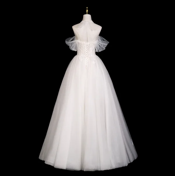 Simple Légère Blanche Perlage Perle En Dentelle Fleur Robe De Mariée 2025 Princesse De l'épaule Manches Courtes Dos Nu Longue Mariage