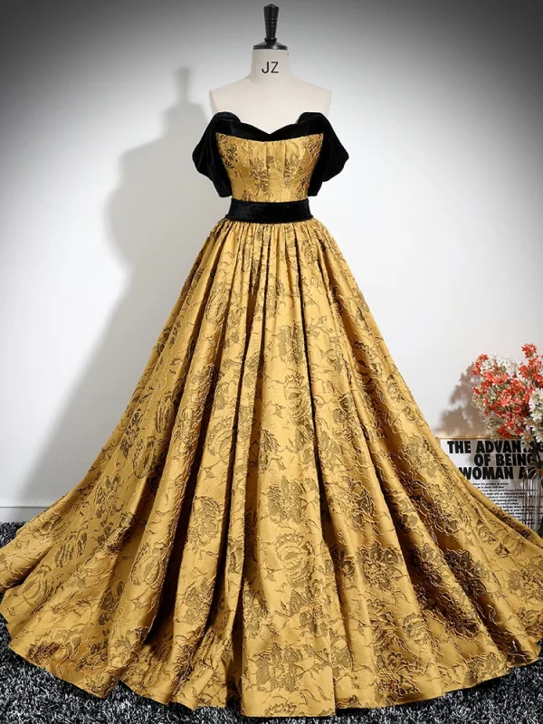 Elegant Gold Printing Prom Dresses 2024 Ball Gown Strapless Sleeveless Backless Floor-Length / Long Formal Dresses