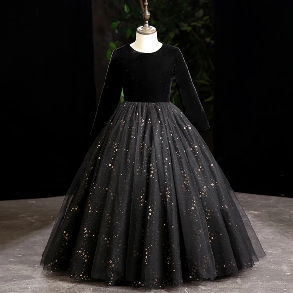 Vintage / Retro Navy Blue Suede Prom Flower Girl Dresses 2022 Ball Gown Scoop Neck Sequins Long Sleeve Floor-Length / Long Flower Girl Dresses