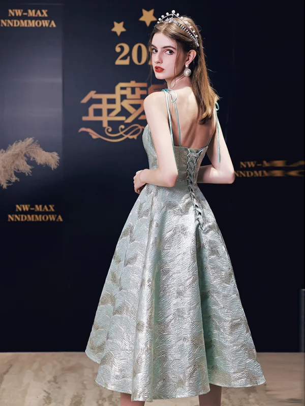 Sexy Vert Citron Robe De Soirée 2023 Princesse Bretelles Spaghetti Sans Manches Dos Nu Thé Longueur Soirée Robe De Ceremonie