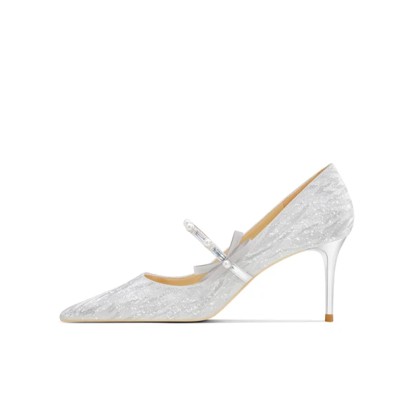 Charmant Argenté Paillettes Perle Noeud Chaussure De Mariée 2023 Cuir 6 cm Talons Aiguilles À Bout Pointu Mariage Escarpins Talons Hauts