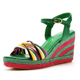 Bohemia Green Braid Street Wear Womens Sandals 2023 Ankle Strap 9 Cm Wedges Open Peep Toe Sandals