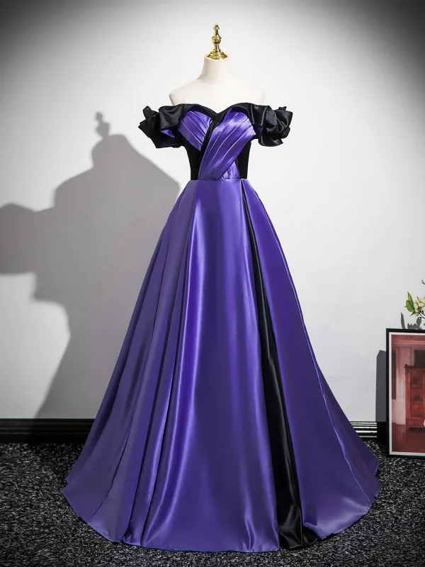 Vintage / Retro Purple Split Front Satin Prom Dresses 2025 Ball Gown Off-The-Shoulder Short Sleeve Backless Floor-Length / Long Formal Dresses