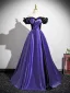 Vintage / Retro Purple Split Front Satin Prom Dresses 2025 Ball Gown Off-The-Shoulder Short Sleeve Backless Floor-Length / Long Formal Dresses