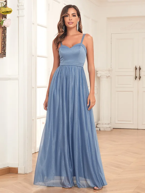 Modest / Simple Sky Blue Prom Dresses 2024 A-Line / Princess Spaghetti Straps Sleeveless Backless Floor-Length / Long Prom Formal Dresses