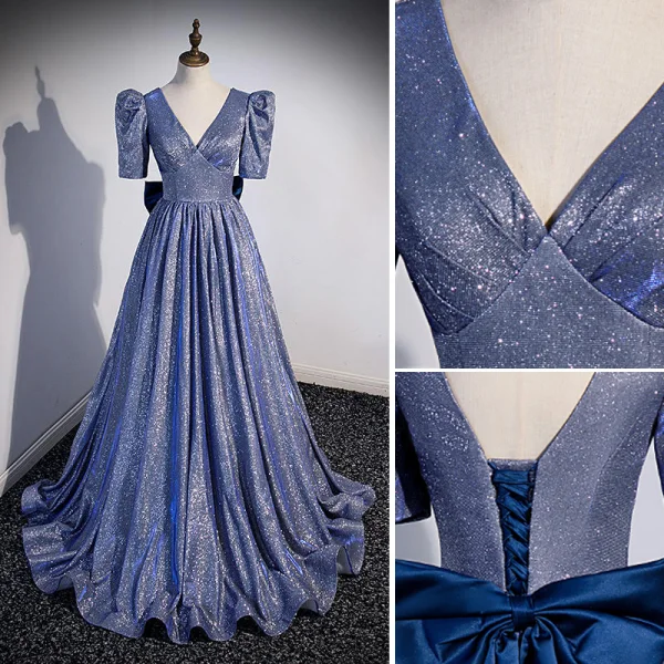 Glitzernden Meeresblau Glanz Pailletten Ballkleider 2022 A Linie V-Ausschnitt Rückenfreies Kurze Ärmel Schleife Sweep / Pinsel Zug Festliche Kleider