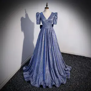 Sparkly Ocean Blue Glitter Sequins Prom Dresses 2022 A Line Princess V Neck Backless Short Sleeve Bow Sweep Train Formal Dresses