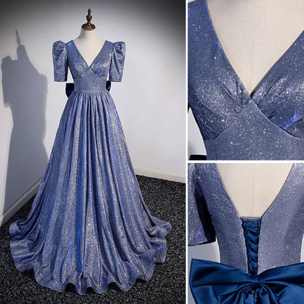 Sparkly Ocean Blue Glitter Evening Dresses 2022 A-Line / Princess V-Neck Short Sleeve Backless Bow Sweep Train Evening Party Formal Dresses