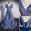Sparkly Ocean Blue Glitter Evening Dresses 2022 A-Line / Princess V-Neck Short Sleeve Backless Bow Sweep Train Evening Party Formal Dresses