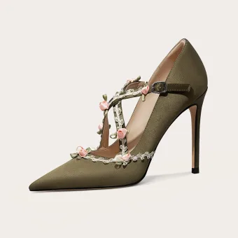 Fée Des Fleurs Vert Trèfle Appliques Promo Escarpins 2025 Cuir X Strap 10 Cm Talons Aiguilles À Bout Pointu Escarpins Talons Hauts