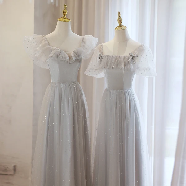 Simple Gris Robe Demoiselle D'honneur 2023 Princesse Encolure Carrée Manches Courtes Dos Nu Thé Longueur Robe Demoiselle D'honneur