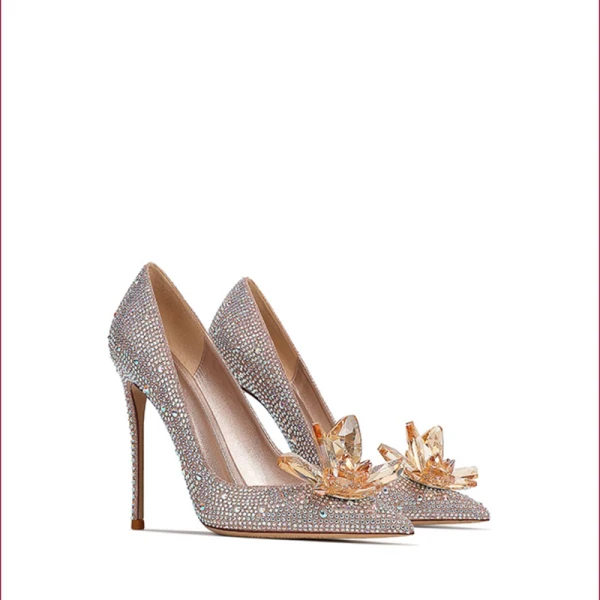 Cinderella Sparkly Champagne Crystal Rhinestone Wedding Shoes 2023 Leather 10 cm Stiletto Heels Pointed Toe Wedding Pumps High Heels