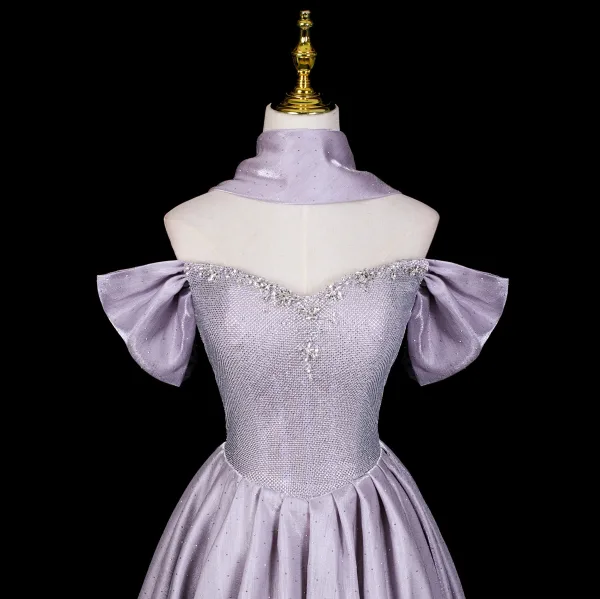 Lovely Lavender Rhinestone Prom Dresses 2026 A-Line / Princess Off-The-Shoulder Short Sleeve Backless Floor-Length / Long Formal Dresses