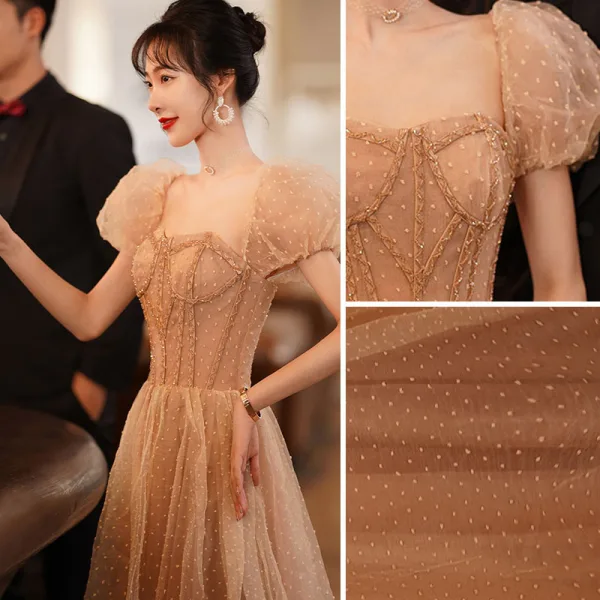 Chic / Belle Champagne Tachetée Robe De Bal 2022 Princesse Encolure Carrée Gonflée Manches Courtes Dos Nu Perlage Longue Robe De Ceremonie