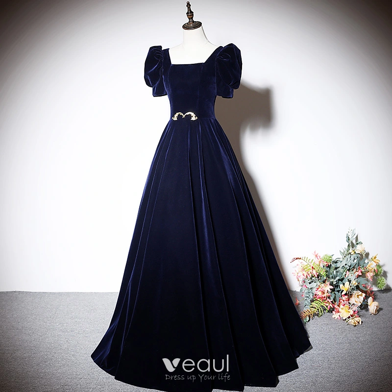 Elegant Navy Blue Suede Evening Dresses 2023 A Line Princess Square Neckline Short Sleeve Backless Floor Length Long Evening Party Formal Dresses